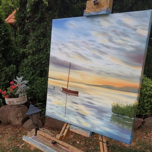 Kenesei Kalóz a naplementében - Balatoni olaj tájkép 50 cmx50 cm - művészet - festmény - olajfestmény - Meska.hu