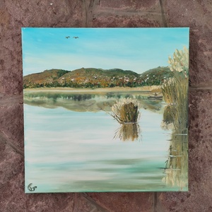 Csopaki öböl horgásszal- Balatonnál készült olaj tájkép 40x40 cm - művészet - festmény - olajfestmény - Meska.hu