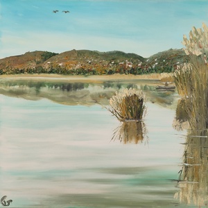 Csopaki öböl horgásszal- Balatonnál készült olaj tájkép 40x40 cm, Művészet, Festmény, Olajfestmény, Festészet, MESKA
