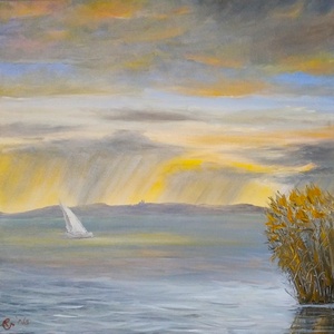 Tihanyi zápor ősszel vitorlással - Balatonnál készült olaj tájkép 40x40 cm, Művészet, Festmény, Olajfestmény, Festészet, MESKA