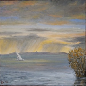 Tihanyi zápor ősszel vitorlással - Balatonnál készült olaj tájkép 40x40 cm - művészet - festmény - olajfestmény - Meska.hu