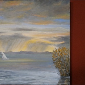 Tihanyi zápor ősszel vitorlással - Balatonnál készült olaj tájkép 40x40 cm - művészet - festmény - olajfestmény - Meska.hu