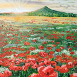 Naplemente a Gulács mögött pipacsos réttel- 100x70cm olaj tájkép , Művészet, Festmény, Olajfestmény, Festészet, MESKA