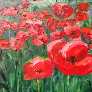 Naplemente a Gulács mögött pipacsos réttel- 100x70cm olaj tájkép  - művészet - festmény - olajfestmény - Meska.hu