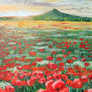 Naplemente a Gulács mögött pipacsos réttel- 100x70cm olaj tájkép  - művészet - festmény - olajfestmény - Meska.hu