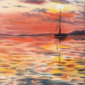 Vitorlás a naplementében - Balatoni olaj tájkép 50x70 cm, Művészet, Festmény, Olajfestmény, Festészet, MESKA