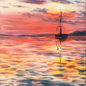 Vitorlás a naplementében - Balatoni olaj tájkép 50x70 cm - művészet - festmény - olajfestmény - Meska.hu