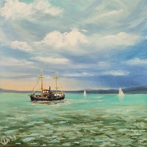 Kisfaludy hajó a Balatonon-olaj tájkép 40x40 cm, Művészet, Festmény, Olajfestmény, Festészet, MESKA