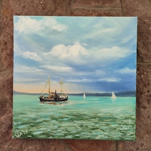 Kisfaludy hajó a Balatonon-olaj tájkép 40x40 cm - művészet - festmény - olajfestmény - Meska.hu