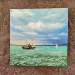 Kisfaludy hajó a Balatonon-olaj tájkép 40x40 cm - művészet - festmény - olajfestmény - Meska.hu