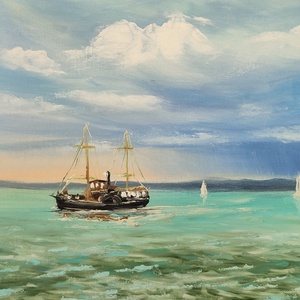Kisfaludy hajó a Balatonon-olaj tájkép 40x40 cm - művészet - festmény - olajfestmény - Meska.hu