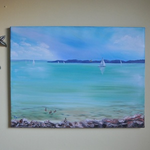 Balaton Alsóörsről Tihany látképével - 80x60xcm, olaj tájkép feszített vásznon - művészet - festmény - olajfestmény - Meska.hu