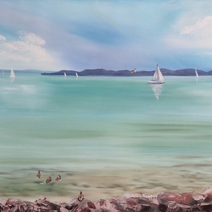 Balaton Alsóörsről Tihany látképével - 80x60xcm, olaj tájkép feszített vásznon, Művészet, Festmény, Olajfestmény, Festészet, MESKA