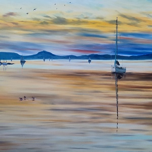 Vitorlás a naplementében Balatonmáriafürdőn- Balatoni olaj tájkép 100 cmx70 cm - művészet - festmény - olajfestmény - Meska.hu