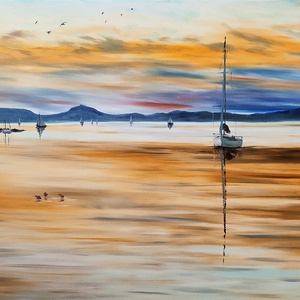 Vitorlás a naplementében Balatonmáriafürdőn- Balatoni olaj tájkép 100 cmx70 cm, Művészet, Festmény, Olajfestmény, Festészet, MESKA