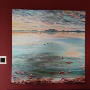 Naplemente a Badacsonnyal Fonyódról - olaj tájkép 90x90cm - művészet - festmény - olajfestmény - Meska.hu