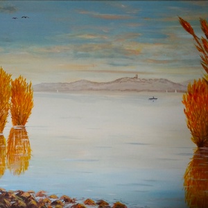 Naplemente ősszel Tihany látképével - olaj tájkép 70x50cm - művészet - festmény - olajfestmény - Meska.hu