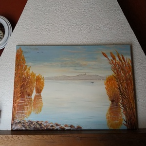 Naplemente ősszel Tihany látképével - olaj tájkép 70x50cm - művészet - festmény - olajfestmény - Meska.hu
