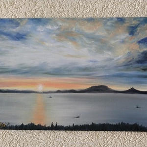 Naplemente Fonyódról a tanuhegyekkel - olaj tájkép 70x50cm - művészet - festmény - olajfestmény - Meska.hu