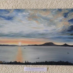 Naplemente Fonyódról a tanuhegyekkel - olaj tájkép 70x50cm, Művészet, Festmény, Olajfestmény, Festészet, MESKA