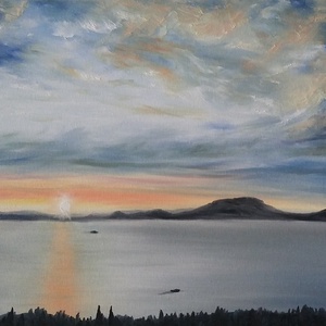Naplemente Fonyódról a tanuhegyekkel - olaj tájkép 70x50cm - művészet - festmény - olajfestmény - Meska.hu