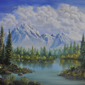 Hegyi tó - olaj tájkép 70x50cm  - művészet - festmény - olajfestmény - Meska.hu