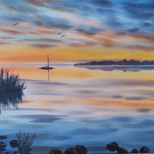Vitorlás a naplementében Tihanyi látképpel - Balatoni olaj tájkép 70x50 cm, Művészet, Festmény, Olajfestmény, Festészet, MESKA