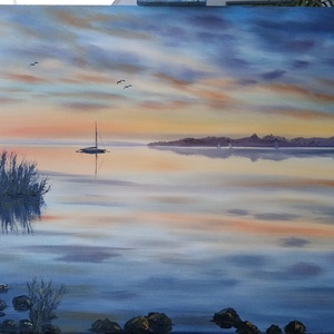 Vitorlás a naplementében Tihanyi látképpel - Balatoni olaj tájkép 70x50 cm - művészet - festmény - olajfestmény - Meska.hu