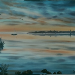 Vitorlás a naplementében Tihanyi látképpel - Balatoni olaj tájkép 70x50 cm - művészet - festmény - olajfestmény - Meska.hu