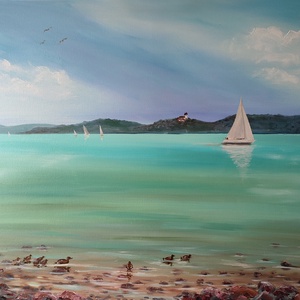 Tihany látképe Csopakról - 80x60xcm, olaj tájkép feszített vásznon, Művészet, Festmény, Olajfestmény, Festészet, MESKA