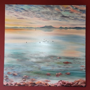 Naplemente a Badacsonnyal Fonyódról - olaj tájkép 90x90cm - művészet - festmény - olajfestmény - Meska.hu