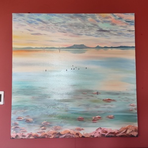 Naplemente a Badacsonnyal Fonyódról - olaj tájkép 90x90cm - művészet - festmény - olajfestmény - Meska.hu