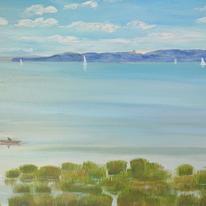 Balaton Alsóörsről Tihany látképével - olaj tájkép 100x50 cm, Művészet, Festmény, Olajfestmény, Festészet, MESKA