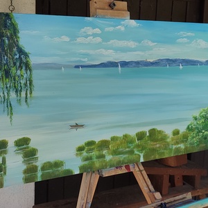 Balaton Alsóörsről Tihany látképével - olaj tájkép 100x50 cm - művészet - festmény - olajfestmény - Meska.hu