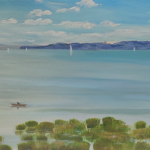Balaton Alsóörsről Tihany látképével - olaj tájkép 100x50 cm - művészet - festmény - olajfestmény - Meska.hu
