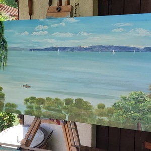 Balaton Alsóörsről Tihany látképével - olaj tájkép 100x50 cm - művészet - festmény - olajfestmény - Meska.hu