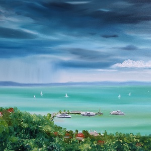 Kilátás a tihanyi sétányról a kikötőre, 70x50 cm olajfestmény - művészet - festmény - olajfestmény - Meska.hu