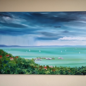 Kilátás a tihanyi sétányról a kikötőre, 70x50 cm olajfestmény, Művészet, Festmény, Olajfestmény, Festészet, MESKA