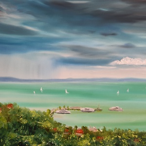 Kilátás a tihanyi sétányról a kikötőre, 70x50 cm olajfestmény - művészet - festmény - olajfestmény - Meska.hu