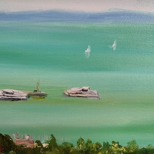 Kilátás a tihanyi sétányról a kikötőre, 70x50 cm olajfestmény - művészet - festmény - olajfestmény - Meska.hu