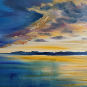 Alsóörsi naplemente Tihany látképével- 85x60 cm, olaj, vászon  - művészet - festmény - olajfestmény - Meska.hu
