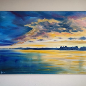 Alsóörsi naplemente Tihany látképével- 85x60 cm, olaj, vászon , Művészet, Festmény, Olajfestmény, Festészet, MESKA
