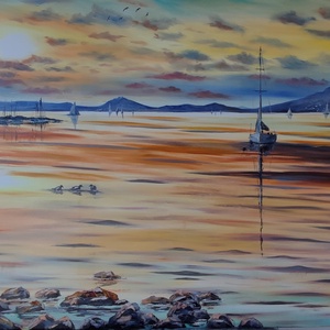 Vitorlás a naplementében Balatonmáriafürdőn- Balatoni olaj tájkép 100 cmx70 cm, Művészet, Festmény, Olajfestmény, Festészet, MESKA