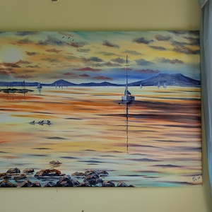 Vitorlás a naplementében Balatonmáriafürdőn- Balatoni olaj tájkép 100 cmx70 cm - művészet - festmény - olajfestmény - Meska.hu