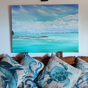 Kikötő Tihany látképével, 90x70 cm, 90x60xcm, olajfestmény feszített vásznon - művészet - festmény - olajfestmény - Meska.hu