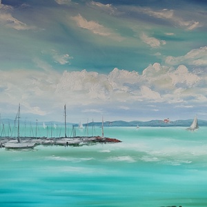 Kikötő Tihany látképével, 90x70 cm, 90x60xcm, olajfestmény feszített vásznon - művészet - festmény - olajfestmény - Meska.hu