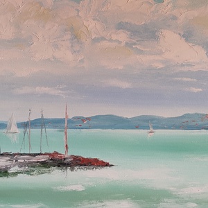 Kikötő Tihany látképével, 90x70 cm, 90x60xcm, olajfestmény feszített vásznon - művészet - festmény - olajfestmény - Meska.hu