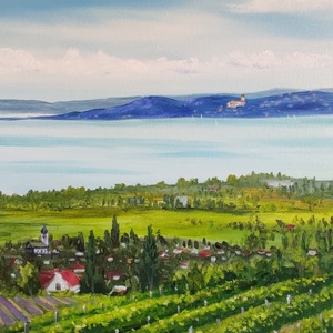Balaton Csopakról Tihany látképével - olaj tájkép 130x50 cm - művészet - festmény - olajfestmény - Meska.hu