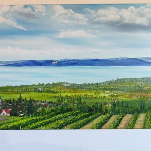 Balaton Csopakról Tihany látképével - olaj tájkép 130x50 cm - művészet - festmény - olajfestmény - Meska.hu