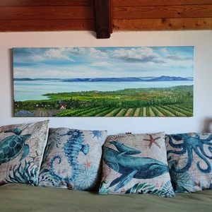 Balaton Csopakról Tihany látképével - olaj tájkép 130x50 cm, Művészet, Festmény, Olajfestmény, Festészet, MESKA